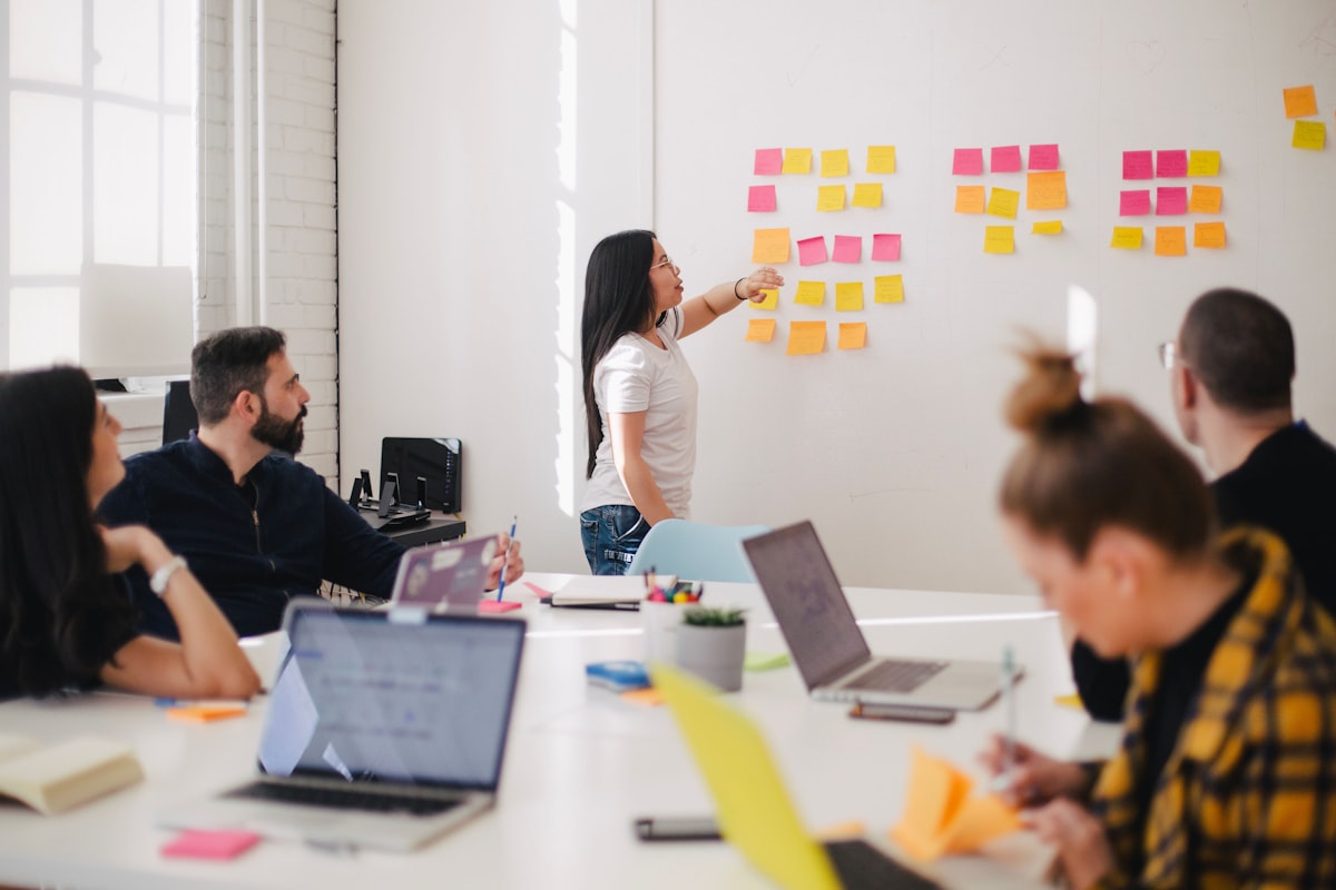 Team collaborating around sticky notes in an office